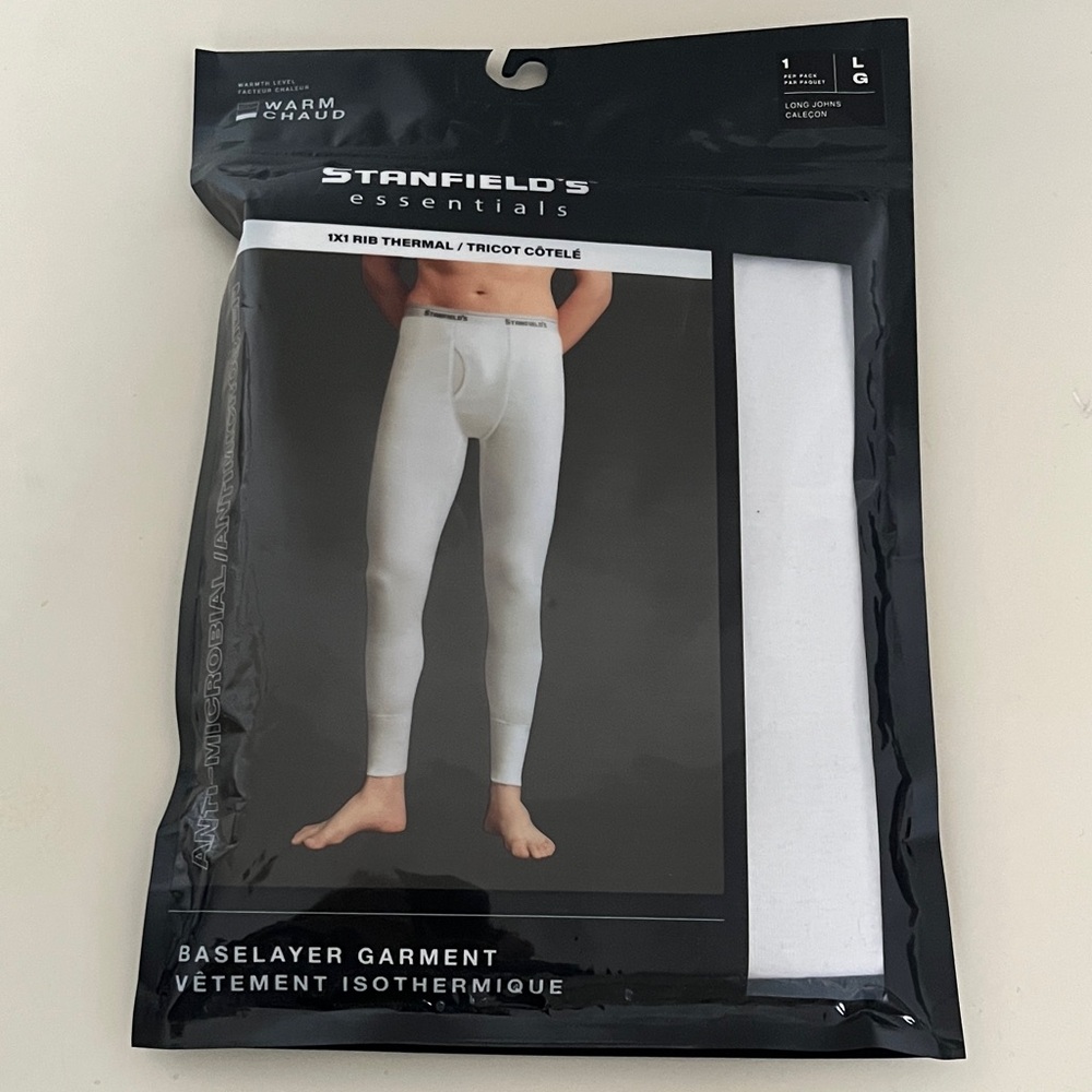 Stanfield’s Essentials Men's White Baselayer Thermal Underwear, Size Large